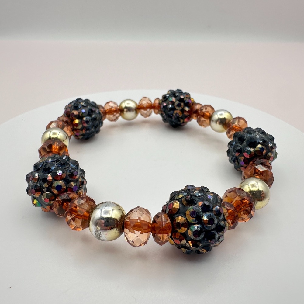 Vintage 90s Silver Tone Amber Rhinestone Disco Ball Bracelet Women's Jewelry 90s